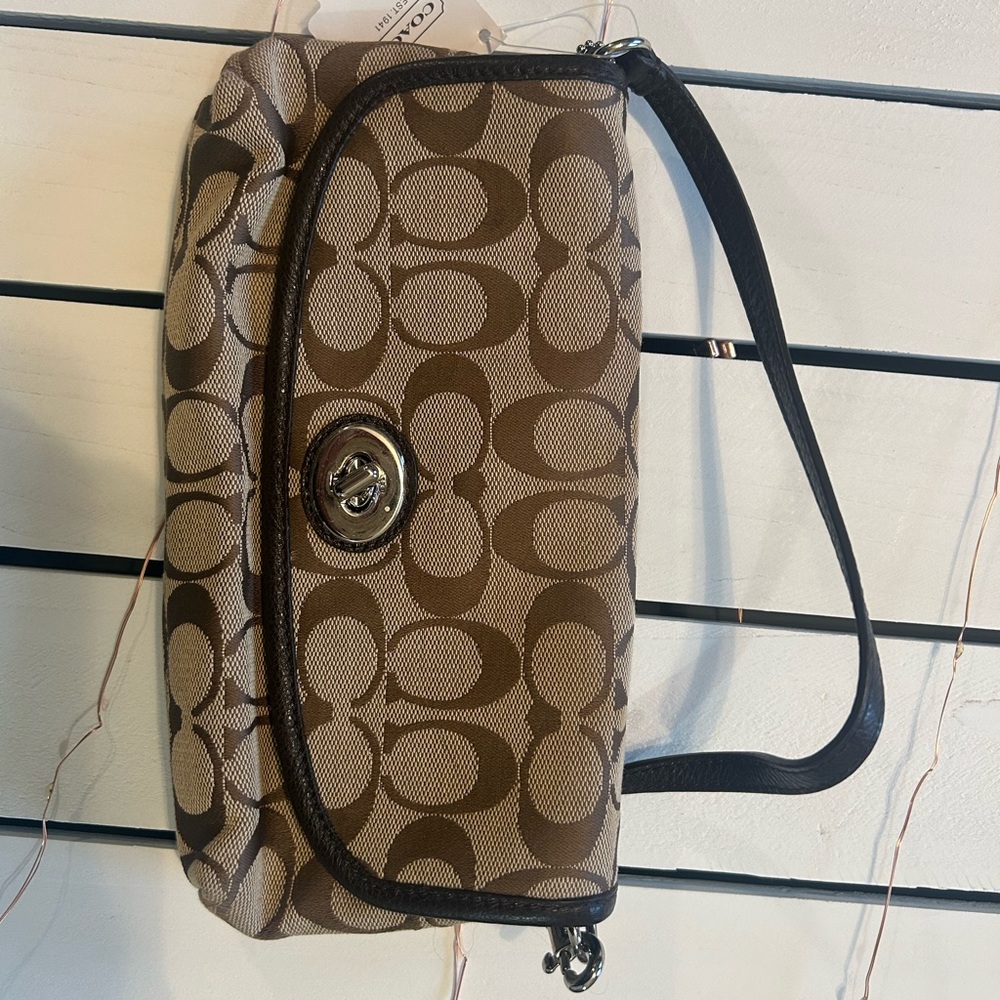 Coach Signature Brown and Tan Wristlet
